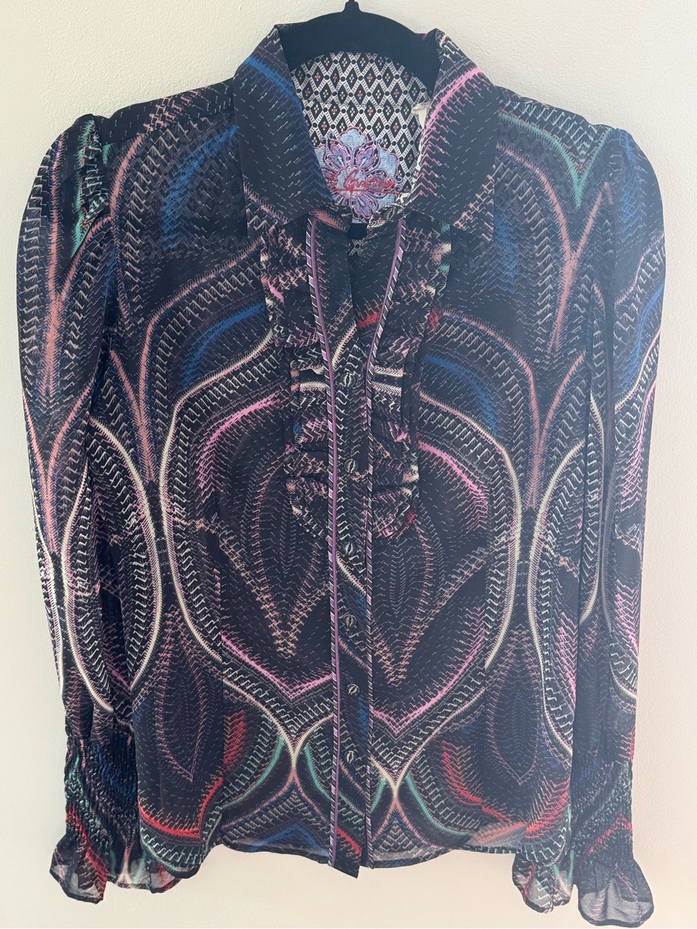 Robert Graham Black Multicolor Ruffle-Front Sheer Blouse